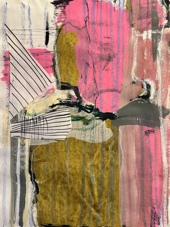"Linie trifft Fläche und ein bisschen Pink" - Acryl auf Büttenpapier von Margit Heuser